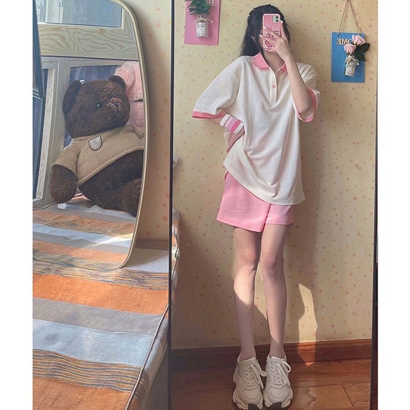Set Áo Thun Ngắn Tay Cổ Tròn + Quần Short Ống Rộng Thời Trang Nữ