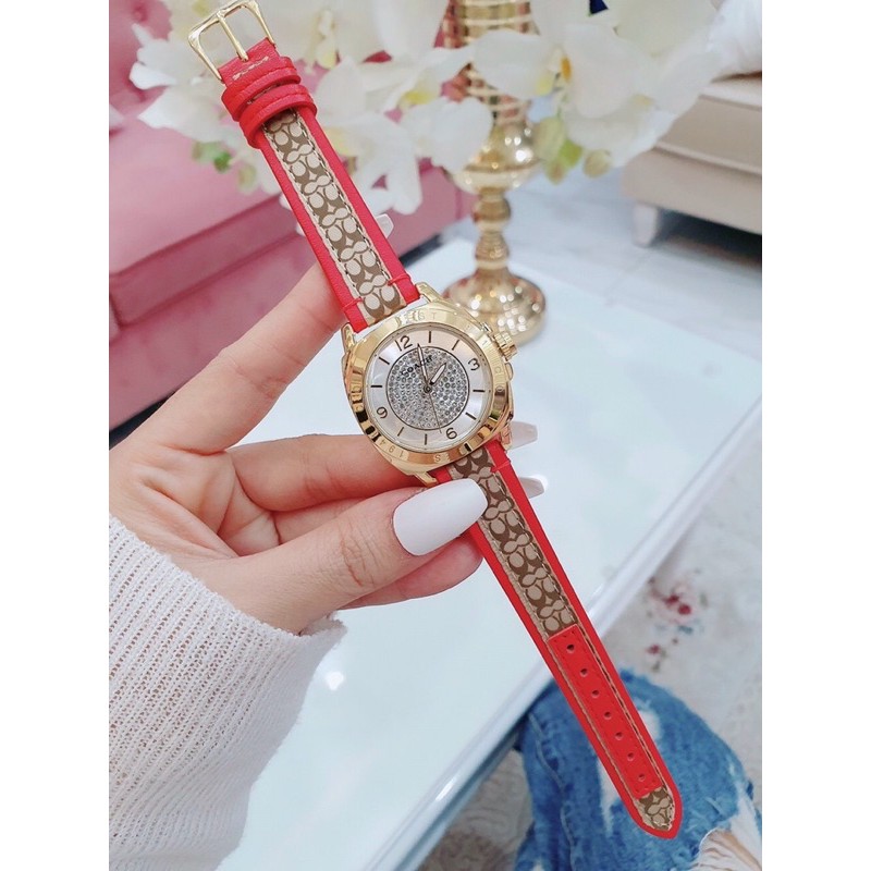 Đồng hồ nữ Coach3680 Máy Pin Dây da Mặt tròn Kim dạ quang Size 34mm Kính Khoáng