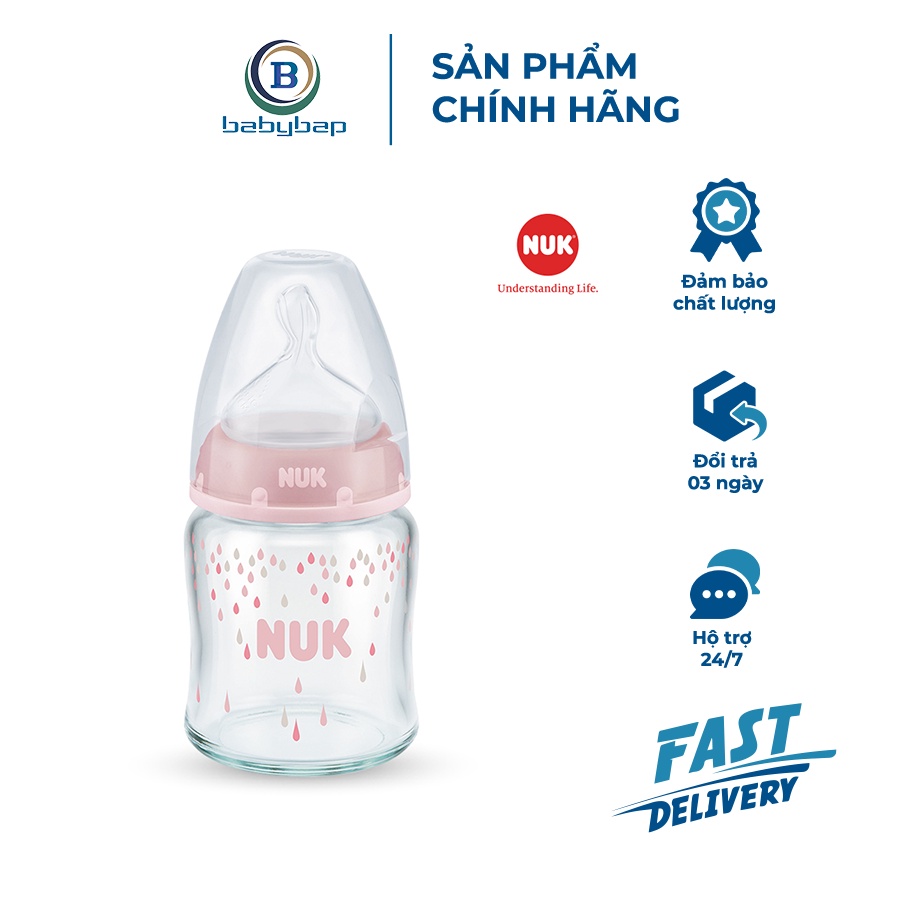 Bình Sữa NUK Premium Choice+ Thủy Tinh 120ml/240ml Chịu Nhiệt Cao Cấp Nhất Borosilicate Của Đức