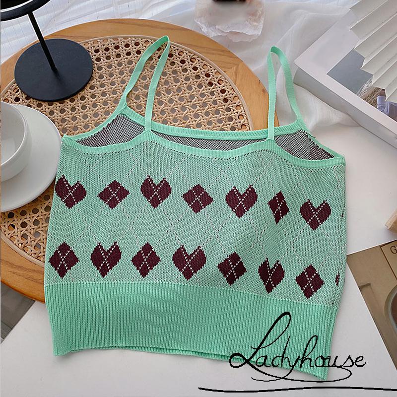 Áo dệt kim không tay cổ chữ U in họa tiết trái tim phong cách vintage cho nữ