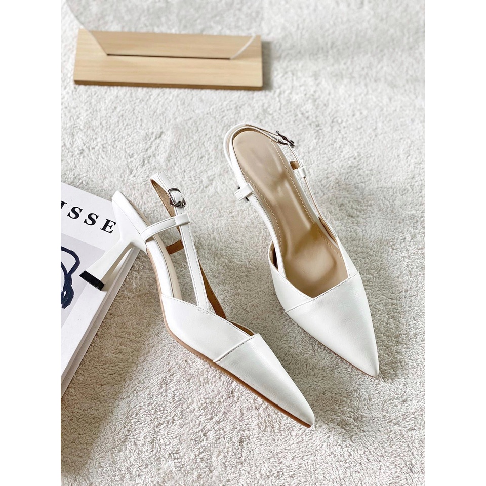 Sandal bít mũi da mịn pha nỉ mũi nhọn gót nhỏ mới - 7P