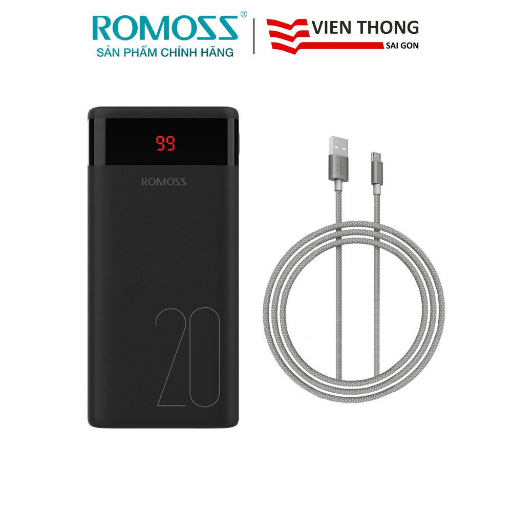 Pin sạc dự phòng Romoss Ares 20 20.000mAh màn hình LED + Cáp micro nylon CB05n Romoss