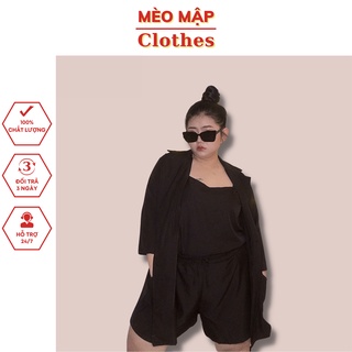 Sét bộ nữ 3 món bigsize áo vest măng tô kèm áo 2 dây và quần short ống rộng vải lụa Ý