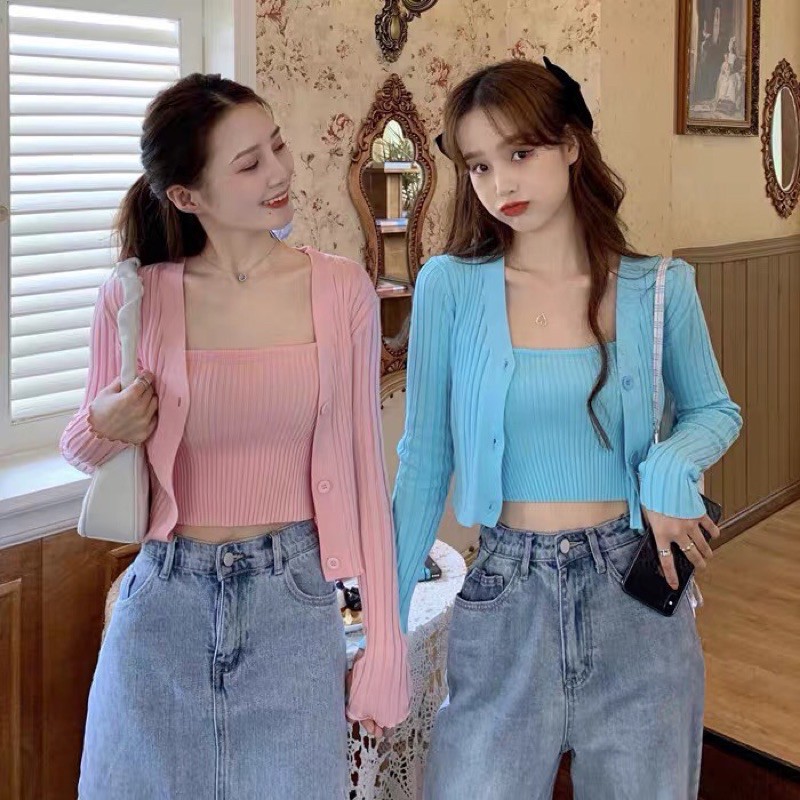 Set áo len hai dây + khoác cardigan thời trang thu đông ulzzang hàn quốc T2B3