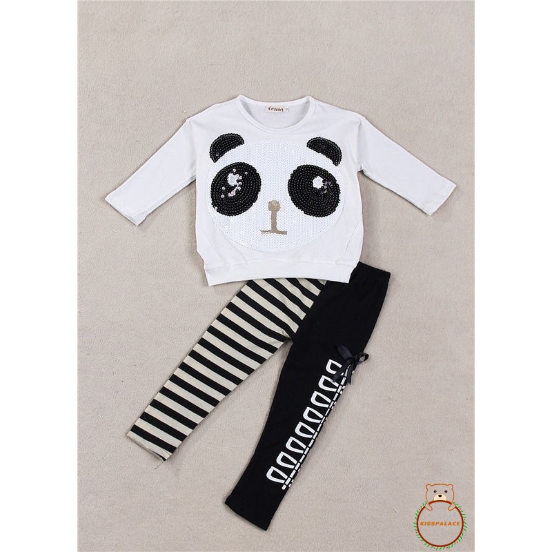 Set Áo Thun + Quần Legging Kẻ Sọc In Hình Gấu Trúc Dễ Thương Cho Bé Gái