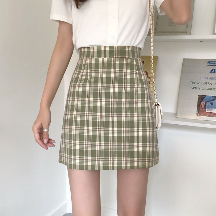Chân váy chữ A SUXI lưng cao họa tiết sọc caro thời trang phong cách Hàn Quốc cho nữ