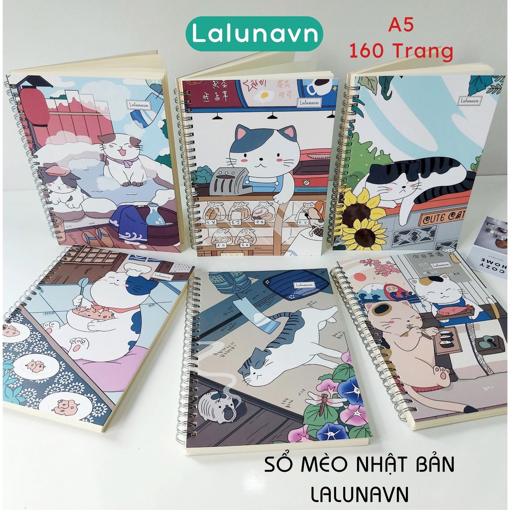 Sổ tay lò xo mèo A5 160 trang Lalunavn Bộ sưu tập sổ ghi chép mẫu mèo Nhật Bản anime học sinh-B113
