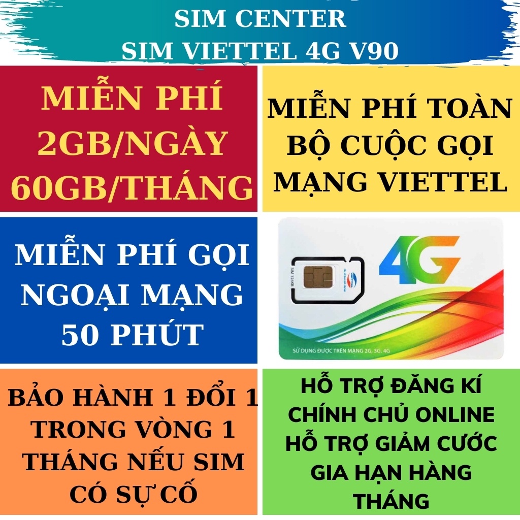 [MIỄN PHÍ THÁNG ĐẦU] SIM 4G VIETTEL V90 DATA 60GB/THÁNG - Miễn phí gọi nội mạng viette - Miễn phí gọi ngoại mạng 50 phút