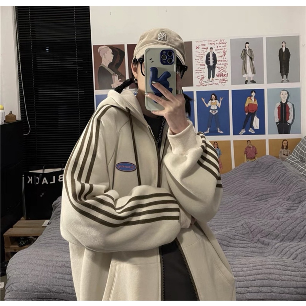 Áo khoác nam nữ thể thao ulzzang 3 sọc màu be🌸 Áo sweater hoodie nỉ bông kiểu dáng thể thao form rộng unisex | BigBuy360 - bigbuy360.vn