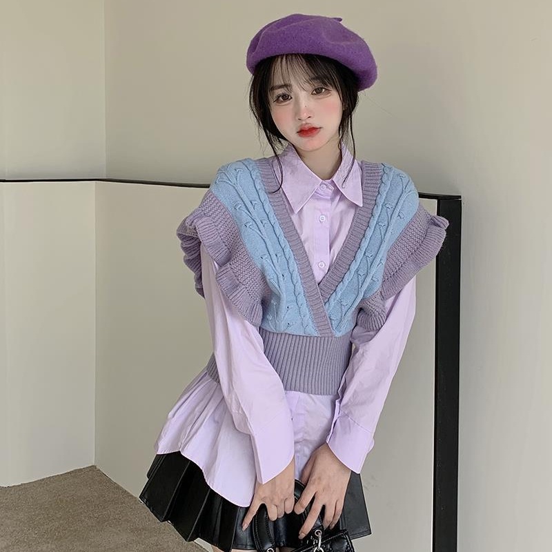 Áo Dệt Kim Sát Nách Cổ Chữ V Màu Tím Phong Cách Vintage Thời Trang Hàn Quốc