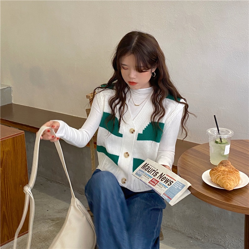 Áo len không tay cổ chữ V họa tiết kẻ sọc màu sắc thời trang | BigBuy360 - bigbuy360.vn