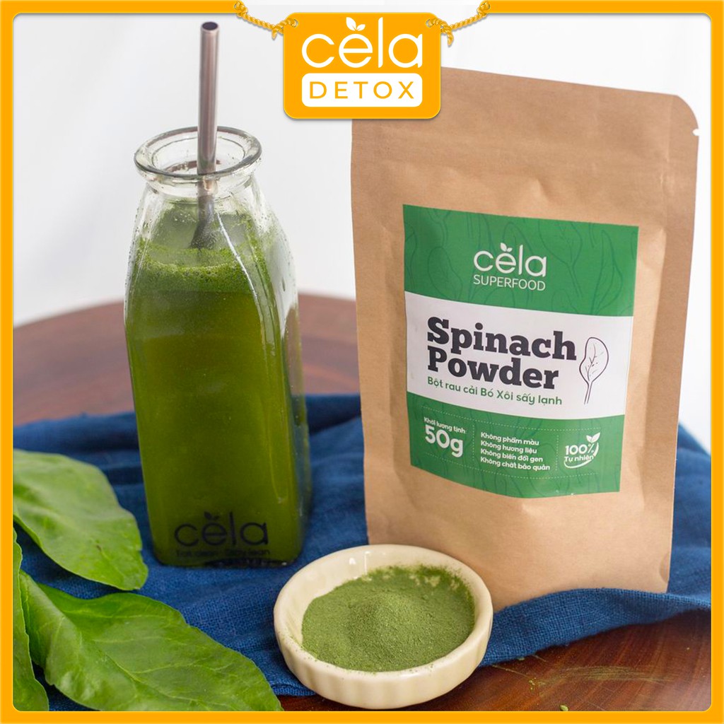Bột rau cải bó xôi nguyên chất Cela, đồ uống giàu vitamin, khoáng chất hỗ trợ thanh lọc làm đẹp da gói 50gr