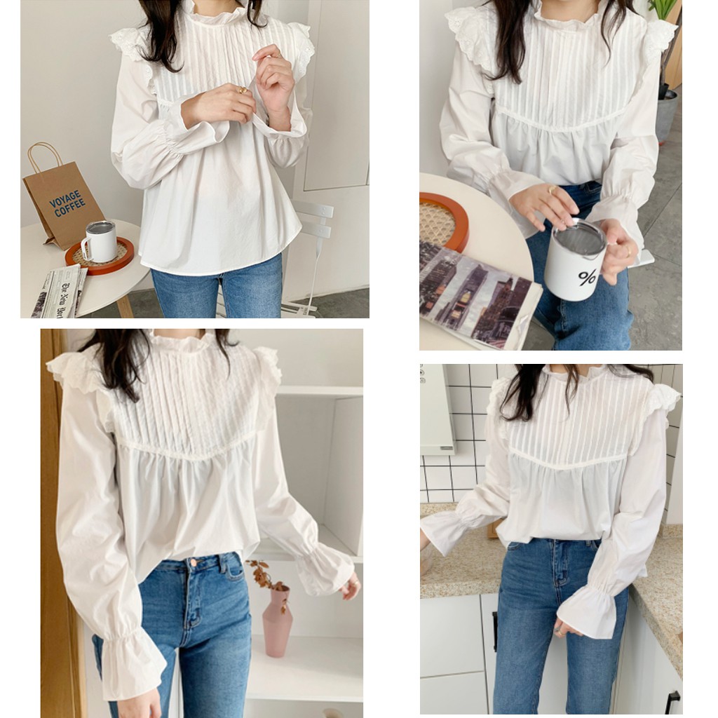 Áo babydoll cánh tiên dài tay, Kiểu áo sơ mi nữ tay bồng xếp ly dọc ngực phối ren -CKA139 | BigBuy360 - bigbuy360.vn