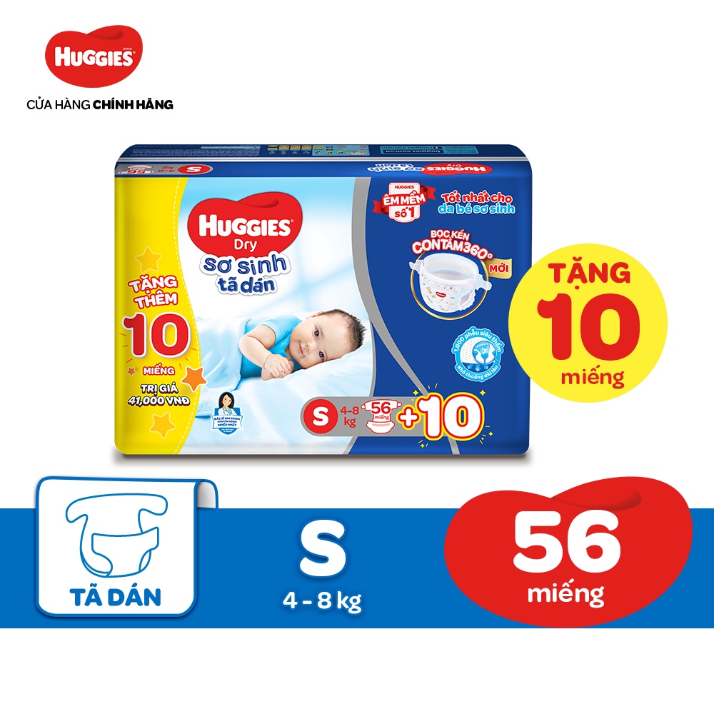 [Mã MKBHUGBU giảm 12% đơn từ 400K] Tã dán sơ sinh Huggies mới S56 (5kg-8kg) - Gói 56 miếng + Tặng 10 miếng