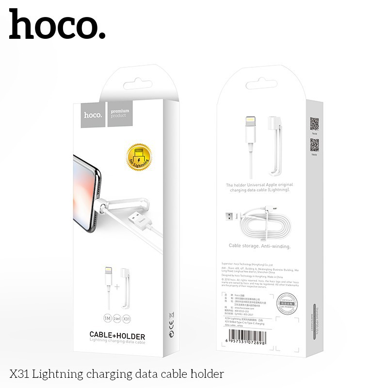 Dây cáp sạc nhanh Hoco X31 dòng 2.1A cho iPhone, iPad kèm giá đỡ dài 1m - Chính hãng