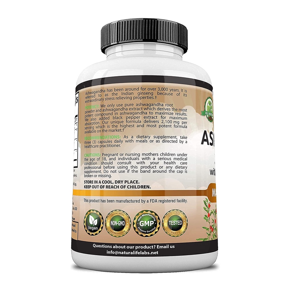 NaturaLife Labs Viên uống Ashwagandha hữu cơ 2100mg với tiêu đen giúp giảm căng thẳng, lo âu, hỗ trợ tuyến giáp 100 viên