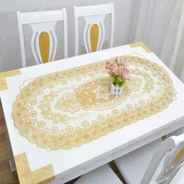 Khăn trải bàn hình oval dùng cho bàn mặt kính hoa văn nổi 3D sang trọng cỡ lớn 60x120cm (màu vàng)