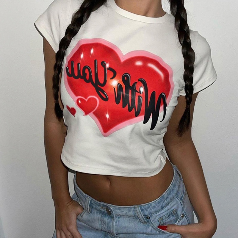 Áo Thun Crop Top Tay Ngắn Cổ Tròn In Họa Tiết Trái Tim Và Chữ Phong Cách Harajuku Những Năm Lễ Tình Nhân Thời Trang Cho Nữ Thập Niên 90
