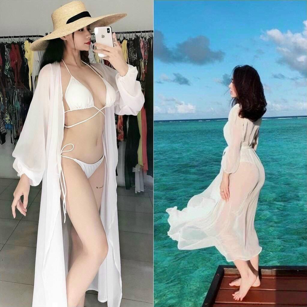 Áo khoác áo choàng bikini đi biển dáng dài ren mỏng 2 màu đen trắng cực đẹp (Ảnh khách) ་
