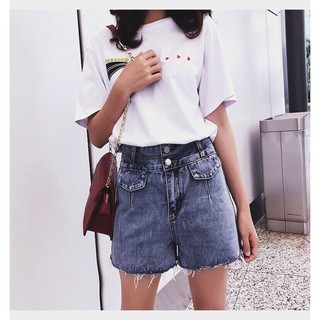 Quần short jean cạp cao nắp túi