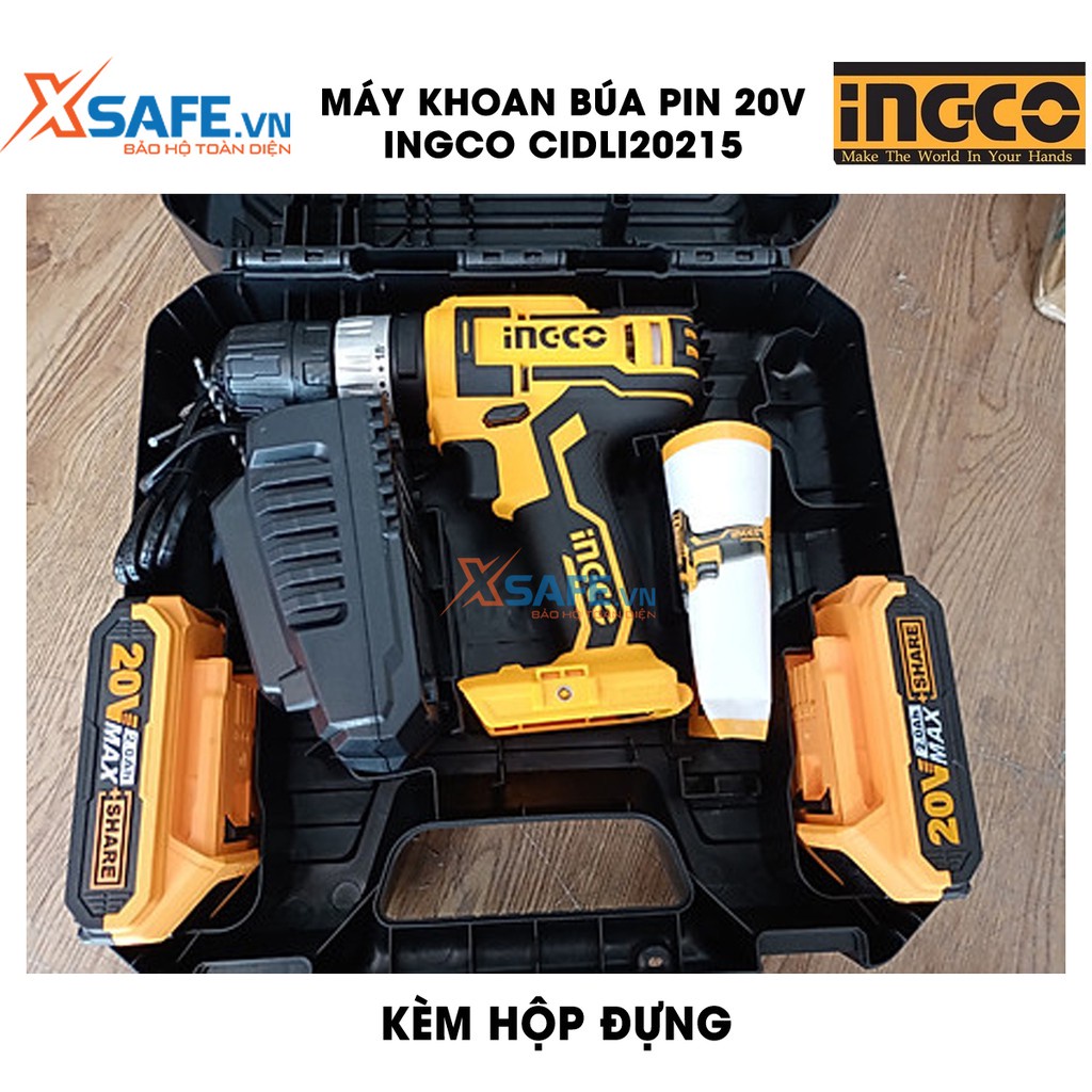 Máy khoan búa pin INGCO CIDLI200215 20V tốc độ búa 22500/ph, nhôm cơ khí 2 tốc độ, kèm 2 pin 2Ah, 1 sạc tiện lợi