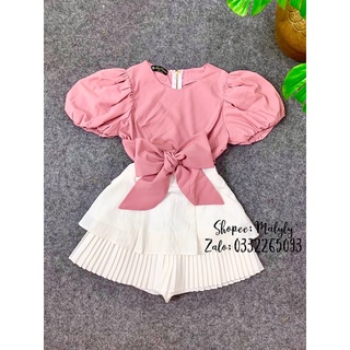 [ MÃ 323 ] ÁO CỘT NƠ TAY PHỒNG + VÁY DẬP LI