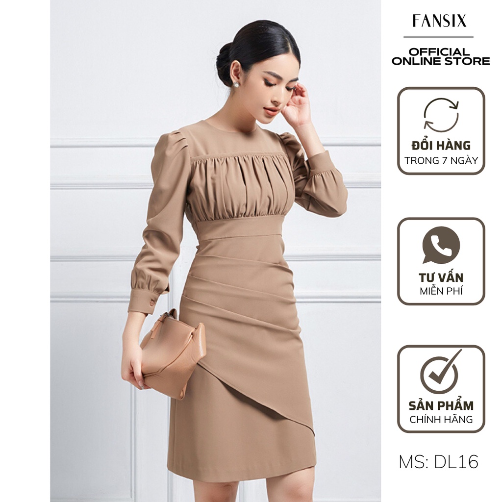 Váy cổ tròn nhún ngực FANSIX - DL16 váy nhún eo tay bồng, vải mango dày dặn.
