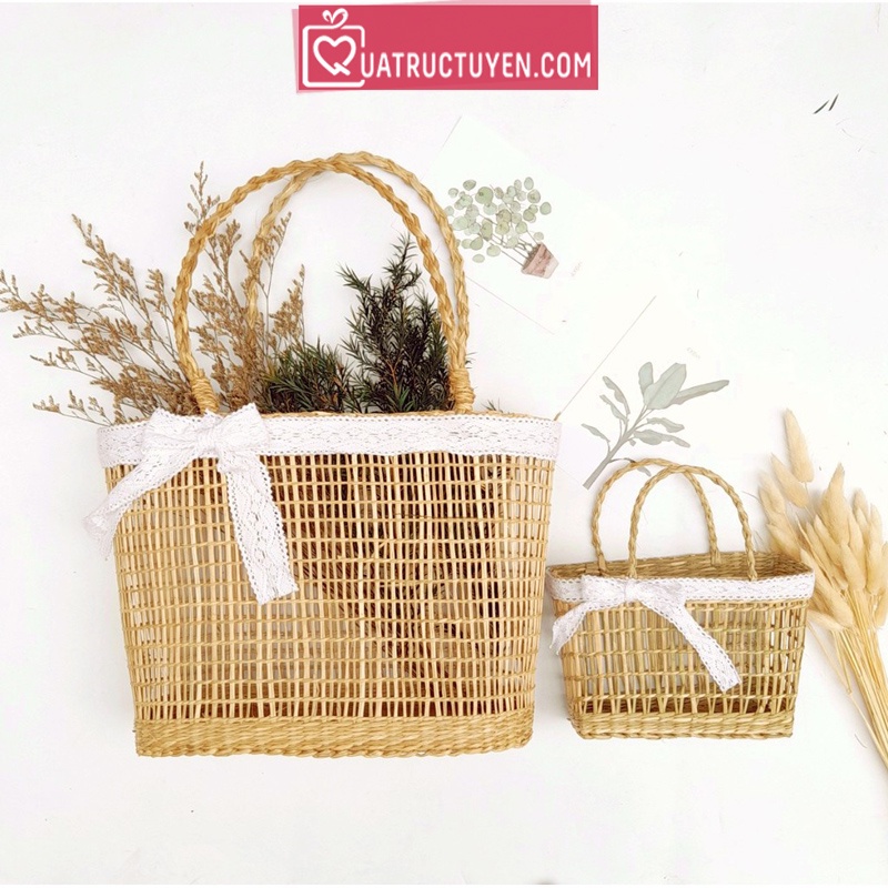 Túi đựng quà bằng cói thắt nơ Vintage, túi đi du lịch, picnic, đi biển kiểu đan mây kèm nơ ren điệu đà