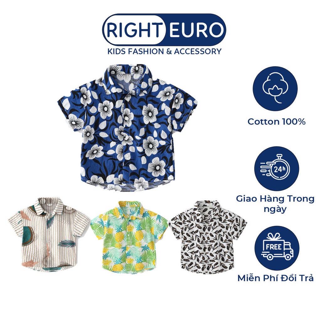 Áo Sơ Mi Đi Chơi Cho Bé RIGHT EURO Áo Cộc Tay Họa Tiết Hoa Lá Chất Cotton Xuất Âu Mỹ 035