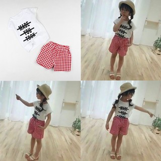 Set bé gái quần caro đỏ và áo thun trắng phối ren cho bé gái 1-6 tuổi từ 12 đến 24 kg 01556