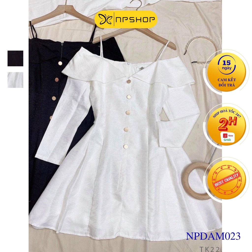 Đầm nữ hai dây trễ vai dáng xòe tay dài NPDAM023
