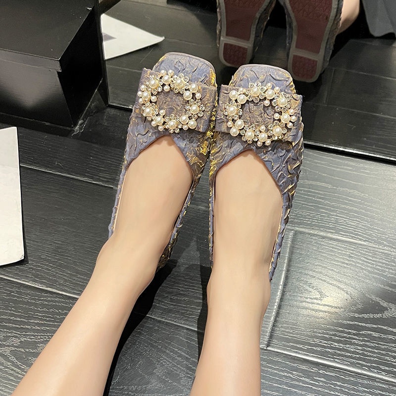 Giày Búp Bê Đế Bằng Chống Trượt Đính Đá Xinh Xắn Phong Cách Hàn Quốc Cho Bạn Gái