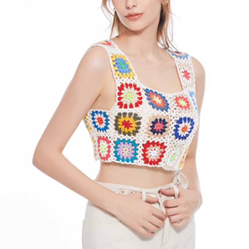 Xiangbao Áo Tank Top Mini Không Tay Khoét Rỗng Nhiều Màu Sắc Họa Tiết Hoa Phong Cách Boho Cho Nữ