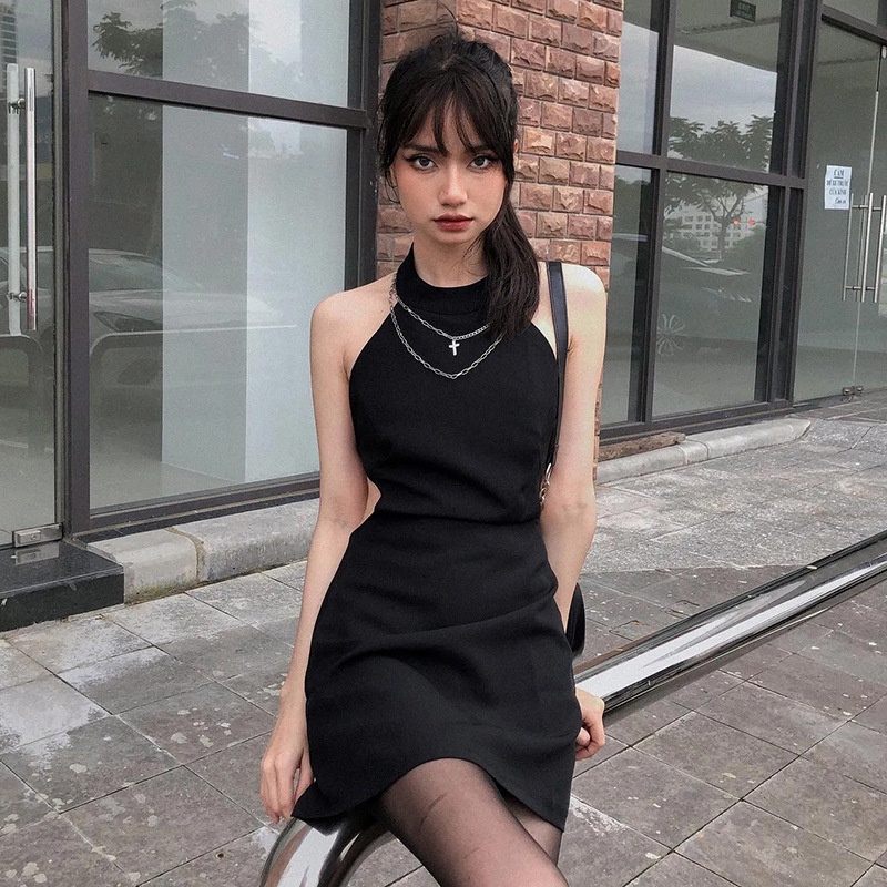 Đầm Hai Dây Màu Trơn Hở Lưng Phong Cách Đường Phố Cá Tính Cho Nữ