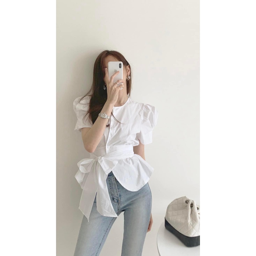 ÁO NARI THẮT NƠ EO 2 MÀU TRẮNG -BE