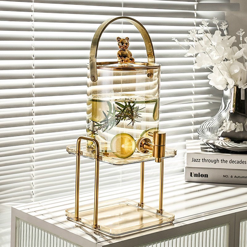 Bình thủy tinh đựng nước hoa quả,đựng rượu có vòi kệ inox vàng sang trọng tinh tế
