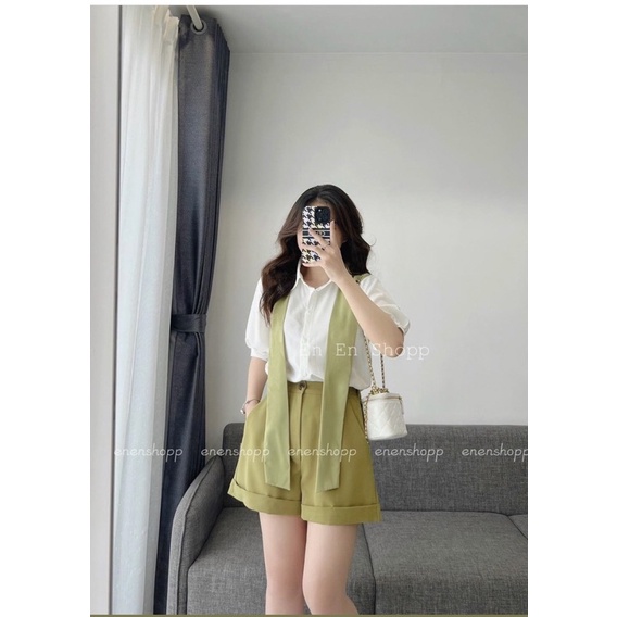 SET ÁO SƠ MI THẮT NƠ XANH + QUẦN SHORT XANH