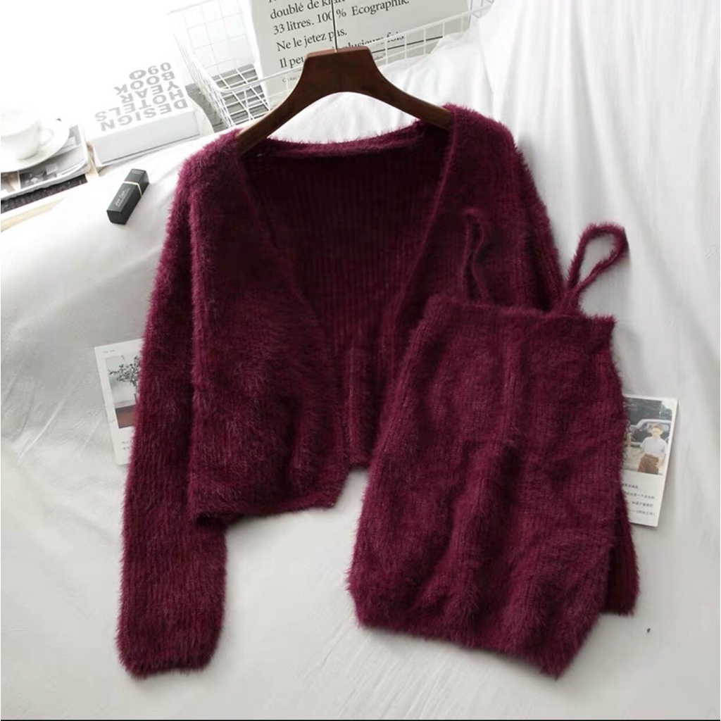 Sét áo len lông áo khoác cardigan kèm áo 2 dây hàng QC