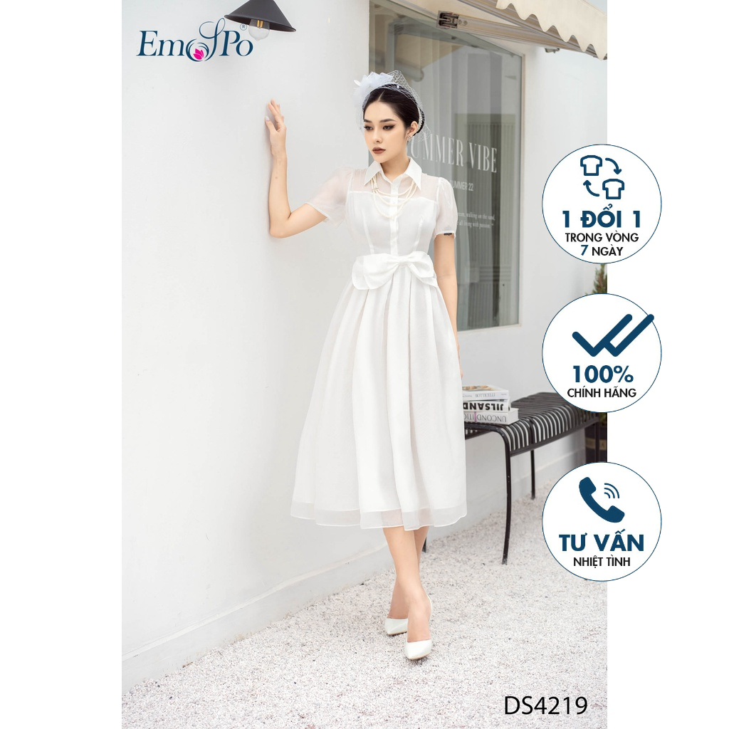 Đầm xòe Emspo nơ đính eo, khóa sau DS4219