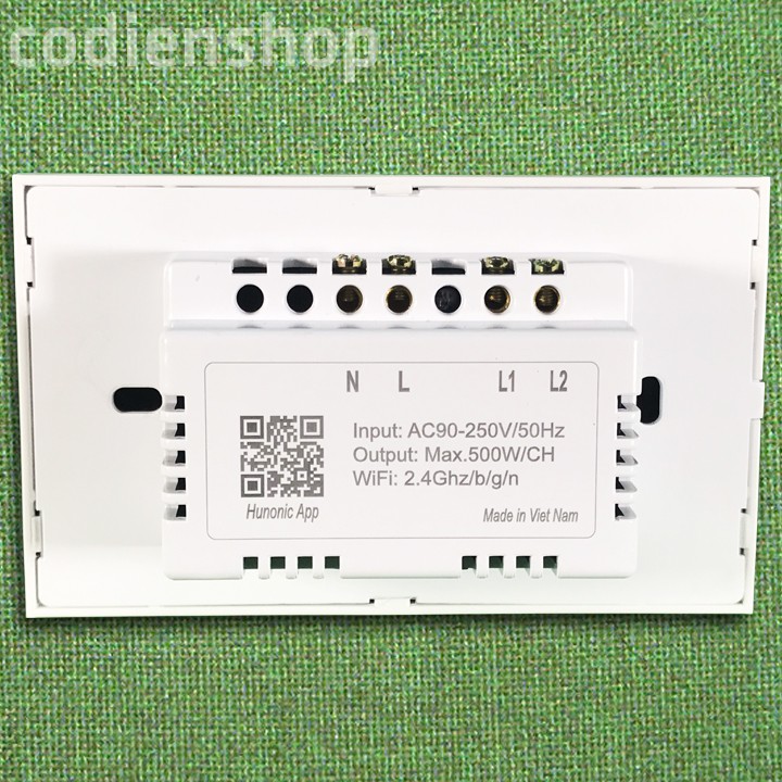 Công tắc thông minh wifi [HẸN GIỜ + ĐIỀU KHIỂN TỪ XA] Hunonic [cảm ứng, âm tường] 2 nút + 1 ổ ghim màu trắng