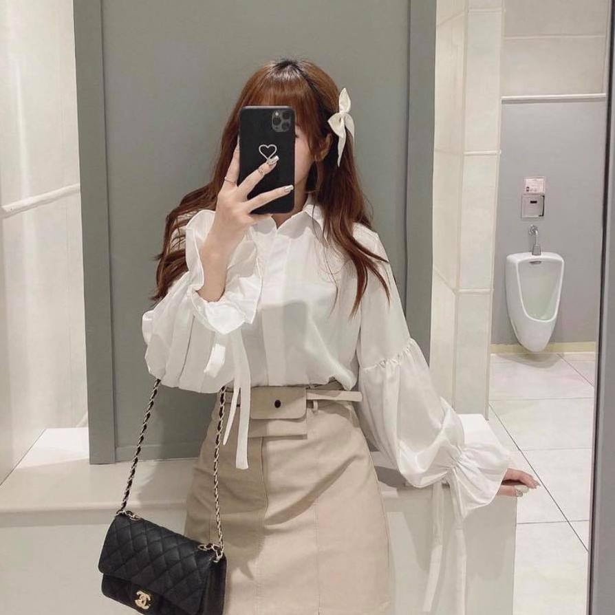 Áo Kiểu Cổ Đúc Thắt Nơ Lưng Dây Rút Tay Bồng Siêu Xinh Freesize&lt;52Kg - A.140