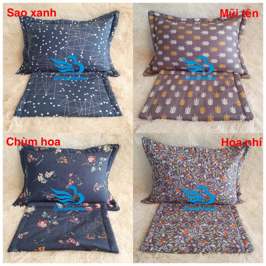 Vỏ gối cotton Hàn quốc cao cấp 45x65, vỏ gối nằm cotton có lót bông dây khóa kéo Dreamhome (1đôi)