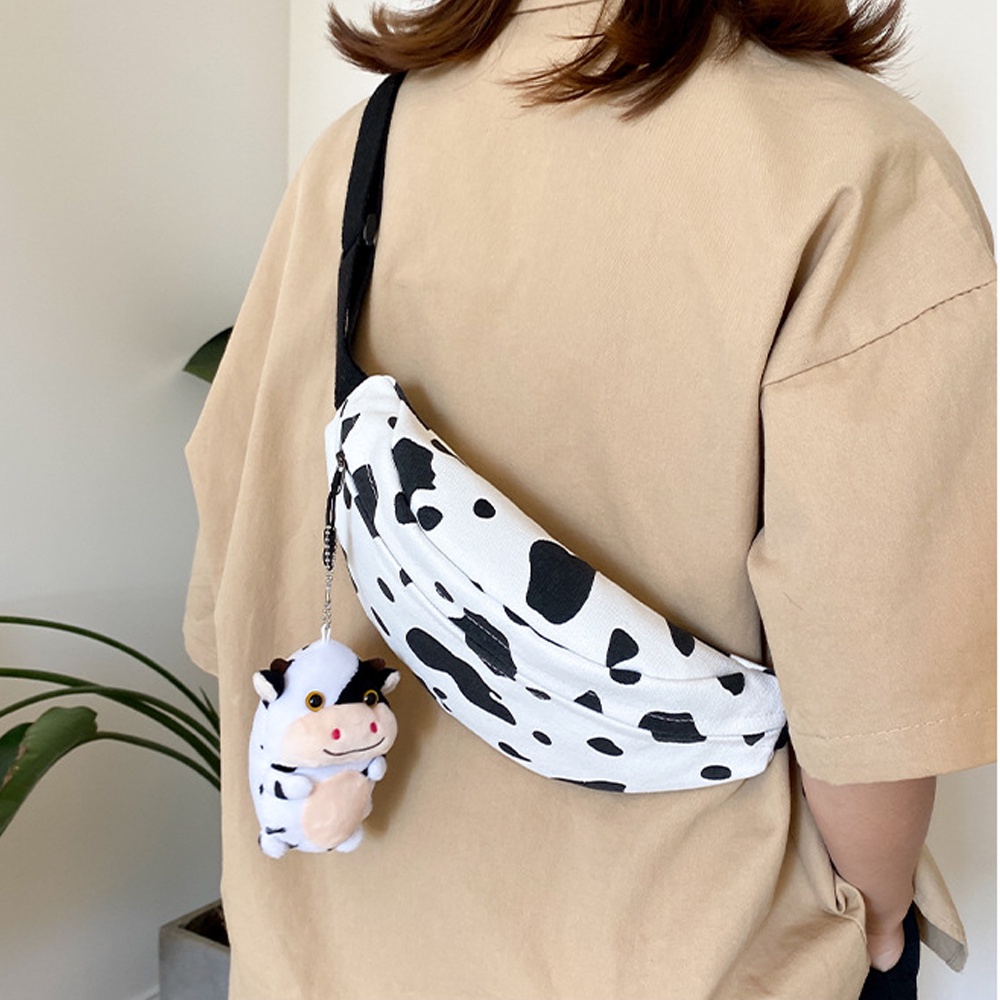 Túi Đeo Chéo Bao Tử Vải Canvas Mềm Họa Tiết Bò Sữa Dễ Thương Phong Cách Hàn Quốc