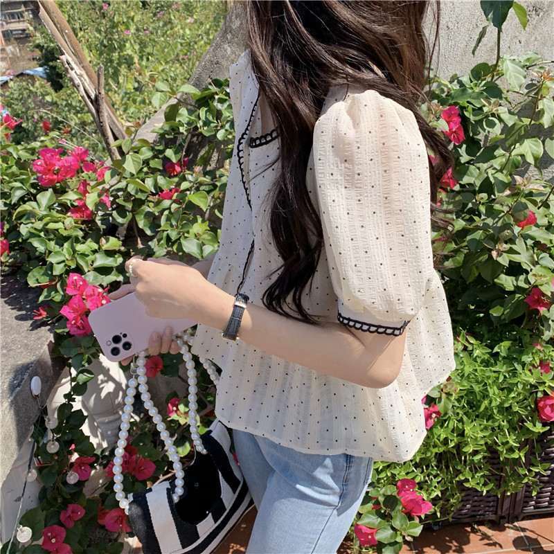 Áo Sơ Mi Tay Phồng Họa Tiết Chấm Bi Thời Trang Hàn Quốc