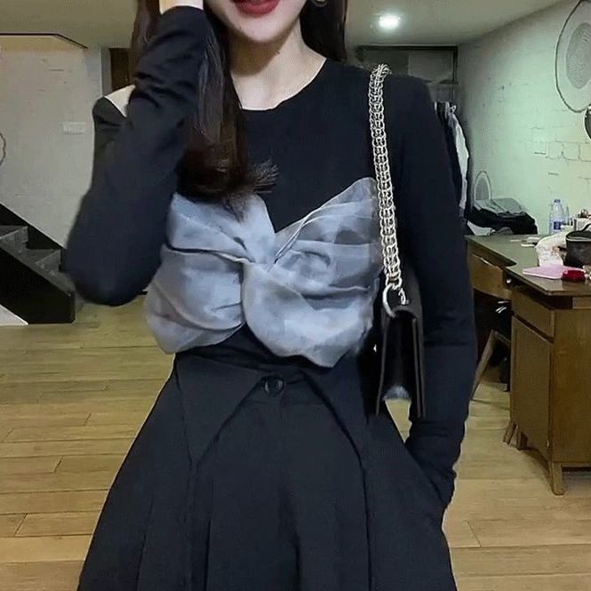 Áo thun tay dài phối lưới đính nơ thời trang dành cho nữ