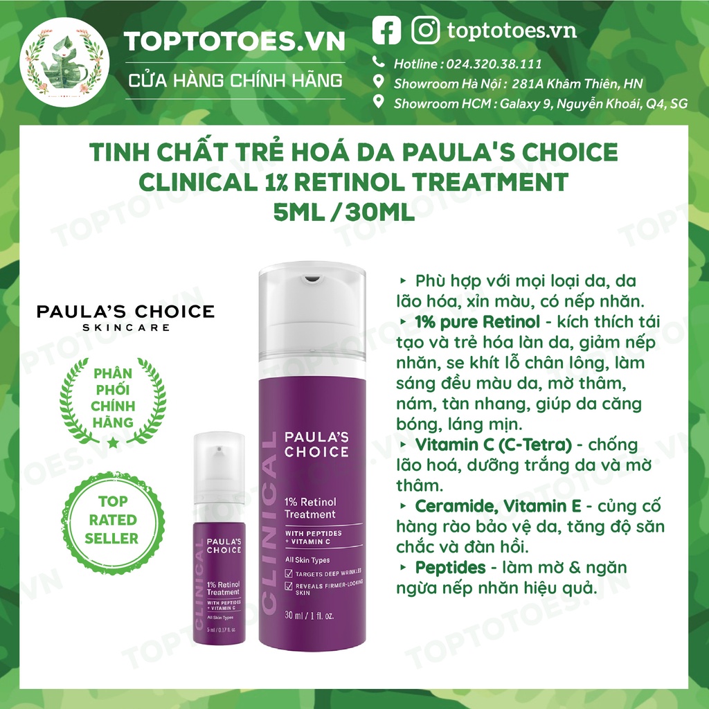 Tinh chất làm mờ nám và nếp nhăn Paula's Choice 1% Retinol Clinical Treatment 5ml & 30ml [NHẬP KHẨU CHÍNH HÃNG 100%]