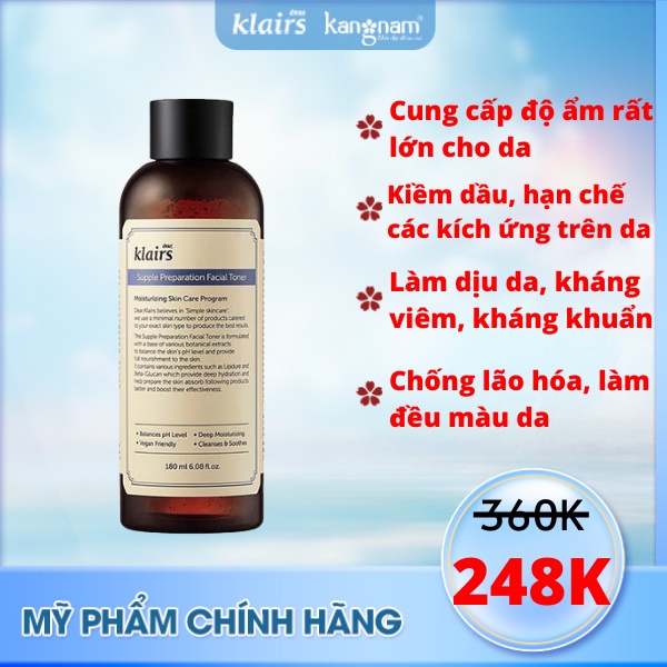 Nước hoa hồng Klairs Supple Presparation Facial Toner 180ml