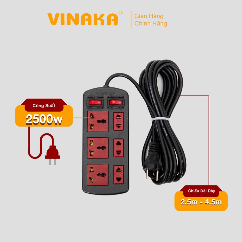 Ổ cắm điện 6 lỗ VINAKA cao cấp chịu tải 2500W tích hợp 2 công tắc M6D