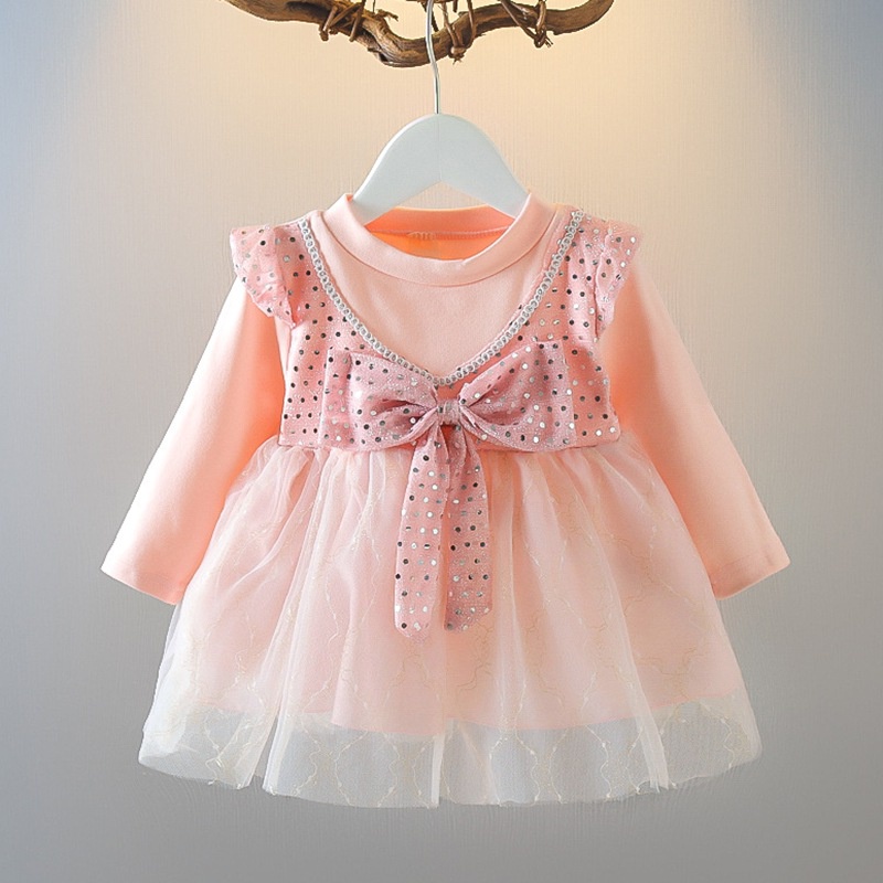 Đầm Công Chúa Giả Hai Lớp Tay Dài Bằng Vải Tuyn Đính Kim Sa Dành Cho Bé Gái 0-3 Tuổi