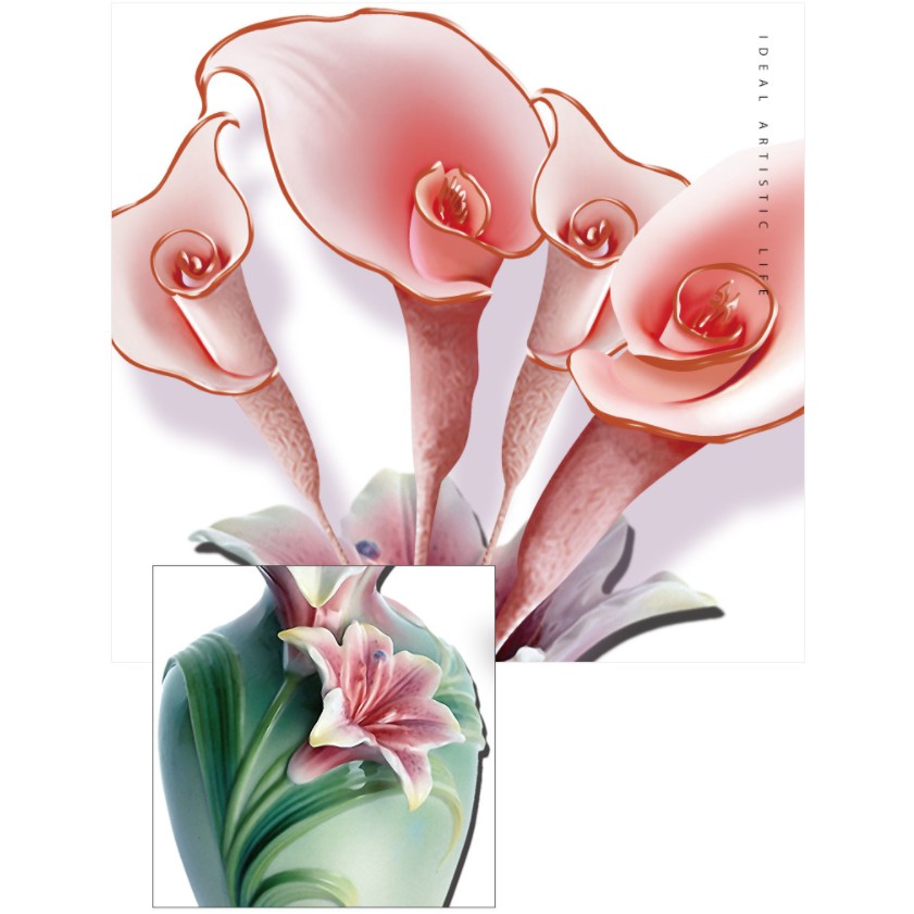 Decal trang trí tường - Chậu Hoa sứ xanh và Hoa liLy hồng nhạt 3D